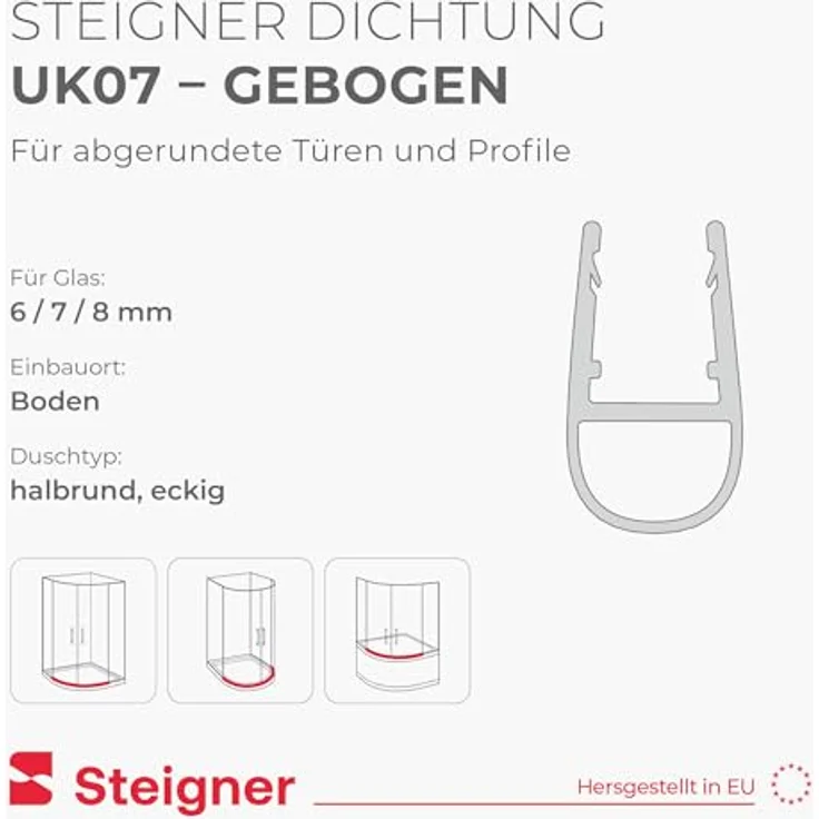 STEIGNER Duschdichtung gebogen UK07, Transparent, Schutz gegen Auslaufen, für Runddusche und Duschkabine Viertelkreis, 30 cm, flexibles Material für 6-8 mm Glas – Bild 2
