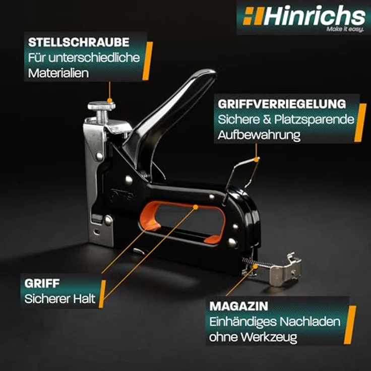 Hinrichs Handtacker im Koffer, 3-in-1 Holztacker mit Klammern und Nägeln, Schwarz/Chrom – Bild 4