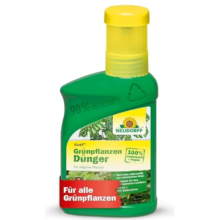 Neudorff Azet GrünpflanzenDünger, 250 ml Bio Dünger für 50L Gießwasser, 100 % organisch und vegan, für schnelles Wachstum und tiefgrüne Blätter aller Grünpflanzen und Palmen, mit Dosierbecher