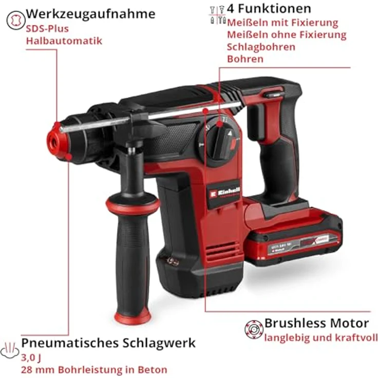 Einhell Akku-Bohrhammer TP-HD 18/28 Li BL +4, mit 18V/3,0Ah Akku und Ladegerät, Brushless Motor, SDS-Plus-Werkzeugaufnahme, LED-Licht, inkl. Transportkoffer, blau – Bild 3