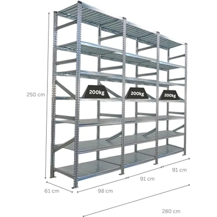 Proregal PROXIMO Metallregal, Fachbodenregal mit 7 Böden, 250 x 90 x 60 cm, Traglast 200 kg pro Boden, verzinkter Stahl, schraubenloses Stecksystem – Bild 2