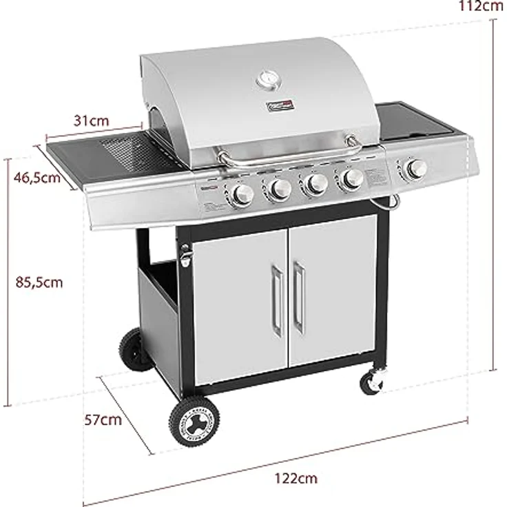 Royal Gourmet 4+1 Brenner Gasgrill Grillwagen mit automatischer Zündung,integriertem Thermometer und Unterschrank Edelstahl Brenner mit 14,5 kW Camping Gasgrill für Outdoor Barbecue Silber - Preisvergleich – Bild 3