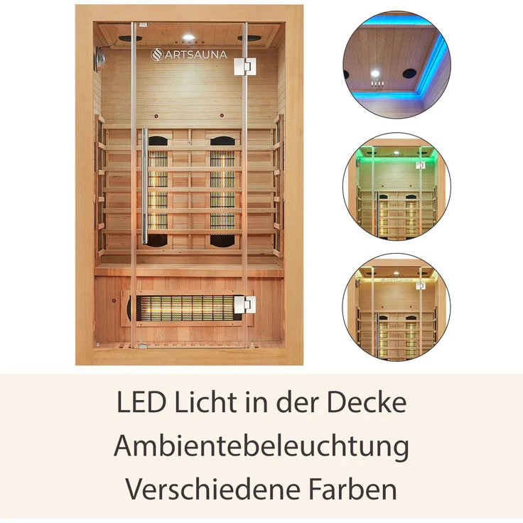 Artsauna Infrarotkabine Kiruna120 Dual Technologie – 5 Vollspektrumstrahler & 3 Flächenstrahler – 2 Personen – LED Farblicht – Radio - Hemlock-Holz, 120 x 105 x 190 cm – Bild 6