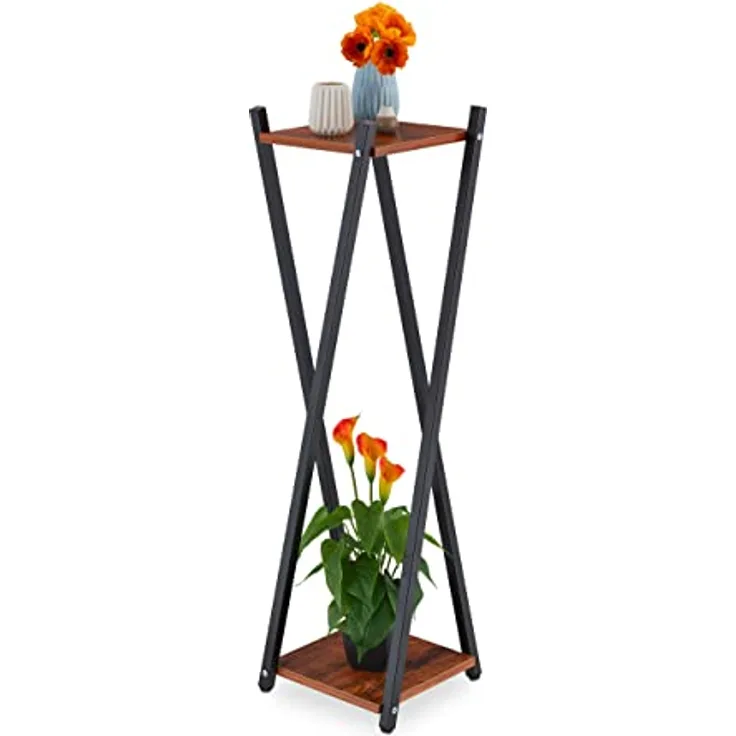 Relaxdays Blumenständer, 2 Etagen in Holzoptik, Metall/MDF, moderner Blumenhocker, HBT: 99x29x29 cm, schwarz/Dunkelbraun
