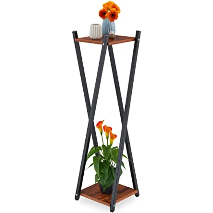 Relaxdays Blumenständer, 2 Etagen in Holzoptik, Metall/MDF, moderner Blumenhocker, HBT: 99x29x29 cm, schwarz/Dunkelbraun – Bild 1