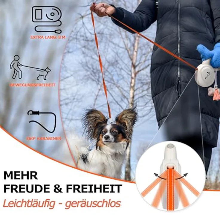 bluzelle 8m Lange Hundeleine für Hunde bis 50kg, Flexible Rollleine Neon-Orange Leuchtender Reflektor-Gurt mit 360° Karabinerhaken Metall, Ergonomischer Griff Grau Gummiert & Einzugs-Bremse, Weiß – Bild 2