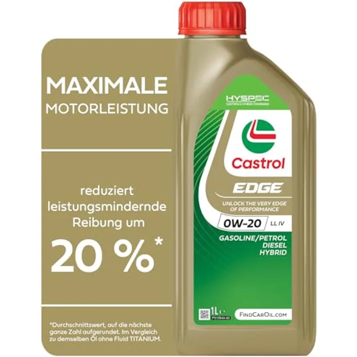 Castrol Motorenöl 'Edge 0W-20 LL IV', 1 l, Hochleistungs-Schmierstoff für moderne Motoren, Kraftstoffeinsparung, Freigaben von BMW, Mercedes-Benz, Porsche und VW