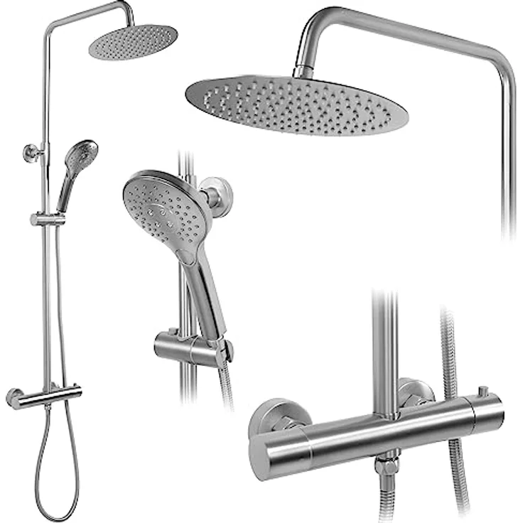 Rea Duschsystem VINCENT NICKEL BRUSH INOX, Duscharmatur mit 25x25 cm Regendusche, 150 cm Schlauch, Thermostat, gebürstetes Stahl