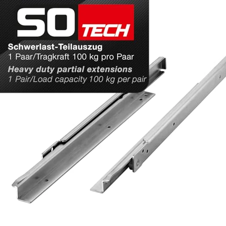 SOTECH RT1-100-B16-L550-NF, Schwerlast-Teilauszug mit 100 kg Tragkraft, 550 mm Länge, verzinkter Stahl – Bild 2