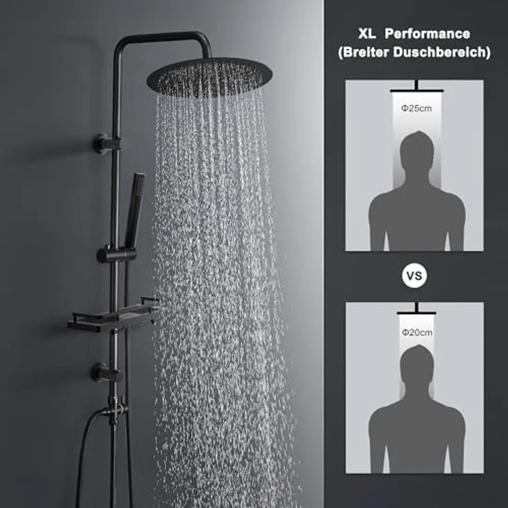 Görbach Edelstahl Duschset Regendusche ohne Armatur, Duschsystem mit verstellbarer Duschstange, Kopfbrause 25 cm und Duschablage in Schwarz – Bild 2