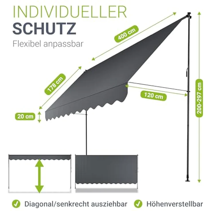 Juskys Klemmmarkise Kapstadt 400x120 cm - Höhenverstellbar & UV-beständig - Wetterfest & Sichtschutz - Terrassenüberdachung Grau – Bild 5