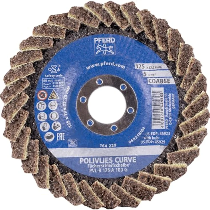 PFERD Polivlies Fächerscheibe PVL-R, 12,7 cm x 2,2 cm, feine Körnung aus Aluminiumoxid, Oberflächenbehandlungsrad, hohe Schleifeffizienz für gleichmäßige Ergebnisse – Bild 2