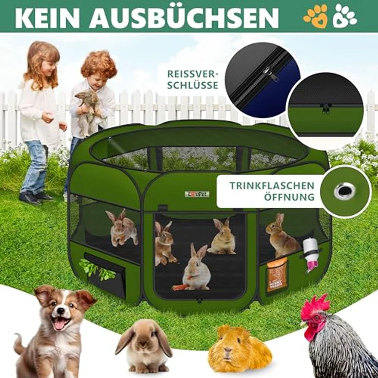 Lovpet® Welpenlaufstall, Faltbar für Kleintiere, 125 cm Durchmesser, inkl. Hundenapf und Fleece Decke, Oxfordgewebe, Pop-up System, Indoor & Outdoor, Khaki – Bild 5