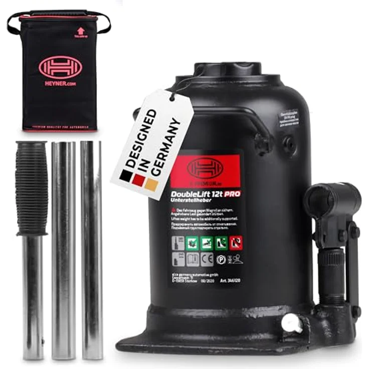 HEYNER® DoubleLift 12t PRO, hydraulischer Doppelhub-Unterstellheber für SUV/LKW, Traglast 12 Tonnen, 3-stufig, mit Tasche, maximaler Hubhöhe 498 mm – Bild 1