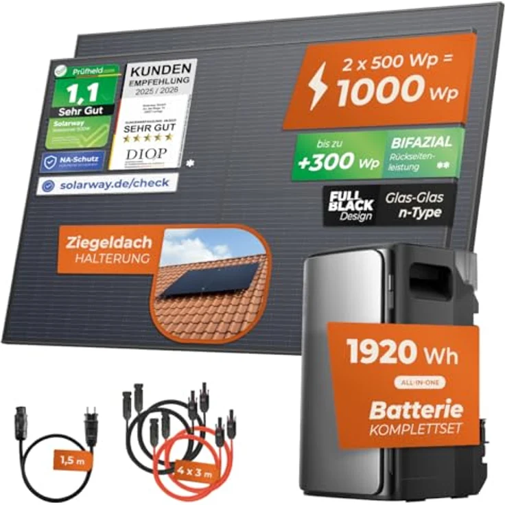 Solarway® Balkonkraftwerk 1000Wp / 800W mit 1,9kWh EcoFlow STREAM Max Speicher, 2 x 500W bifaziale Solarmodule und Zubehör, schwarz – Bild 2