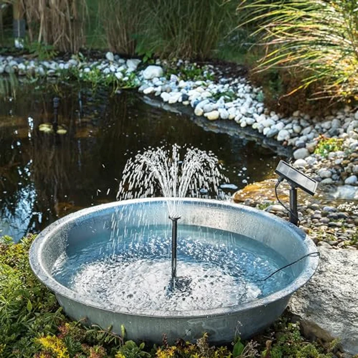 Esotec Teichpumpe Wasserspiel Solar-Springbrunnen Kit 1,5/140 pro, Komplettset mit 4 Fontänenaufsätzen und 1,5W Solarmodul, max. Spritzhöhe 0,8m, Förderleistung 140 l/h, IP68 – Bild 4
