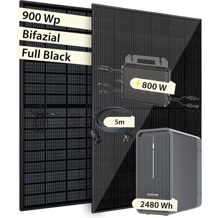 VALE Solaranlage Komplettset Bifazial, 900 Wp mit Marstek Solarspeicher (2.480 Wh) & Mikro-Wechselrichter, Full Black, App-Steuerung, für Balkonkraftwerk