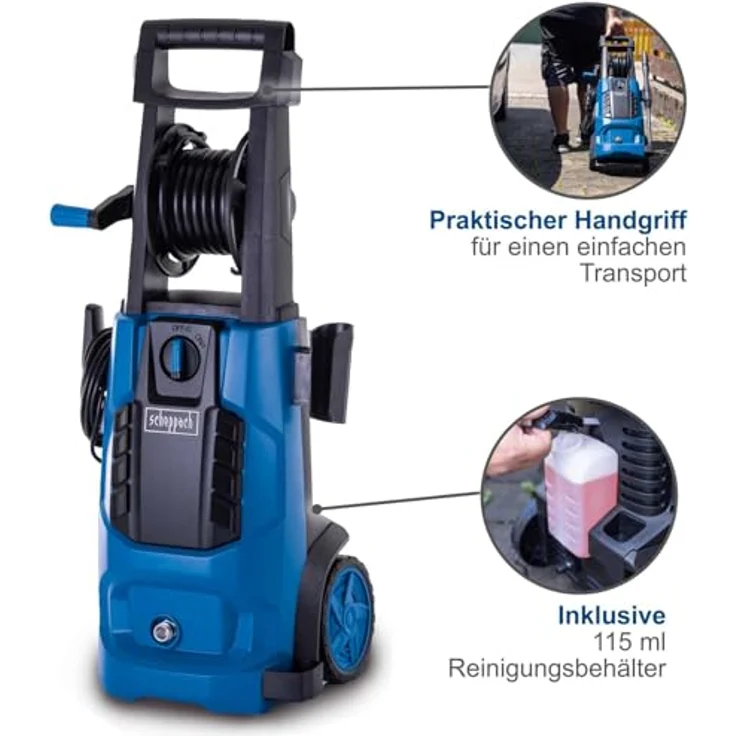 Scheppach HCE2800 Hochdruckreiniger, 180 bar, 480 l/h, 5 m Schlauch, inkl. Fahrvorrichtung, Schlauchtrommel & 10-tlg. Zubehör – Bild 8