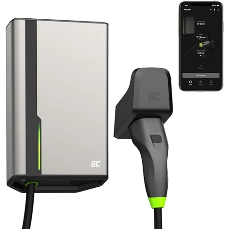 GreenCell EVGC021A2275, Elektroauto Ladestation in Grau Aluminium, 22 kW, 32 A, integriertes Display, Wandmontage, IP54 Schutz – Bild 1