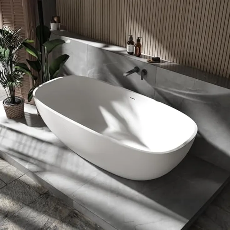 Bernstein OCEAN STONE Freistehende Badewanne, Mineralguss Weiß Matt 180 x 87 cm, für 2-Sitzer, inkl. Ab-/Überlaufgarnitur