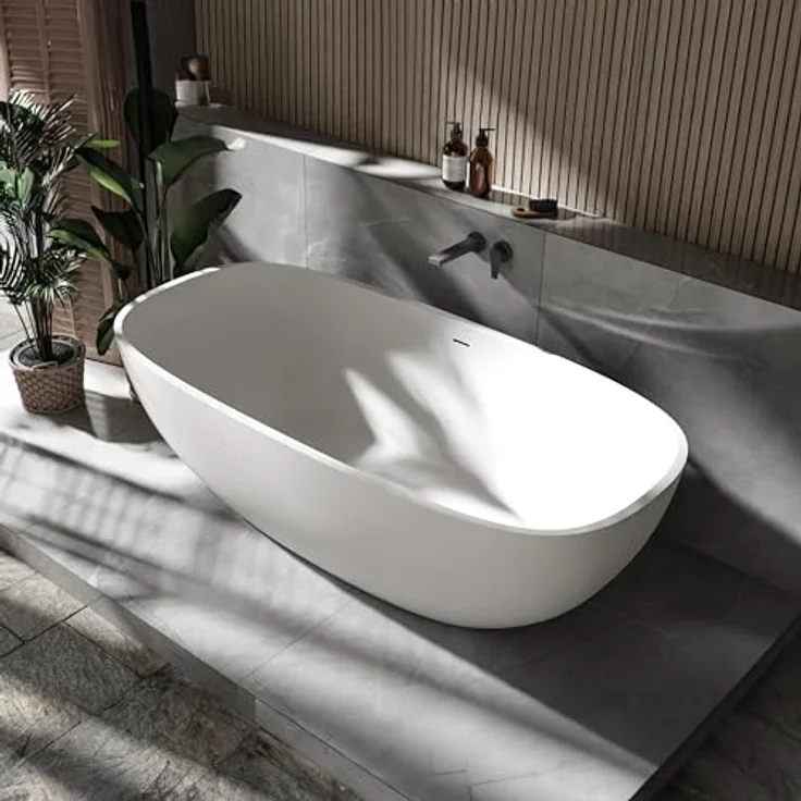 Bernstein OCEAN STONE Freistehende Badewanne, Mineralguss Weiß Matt 180 x 87 cm, für 2-Sitzer, inkl. Ab-/Überlaufgarnitur – Bild 1