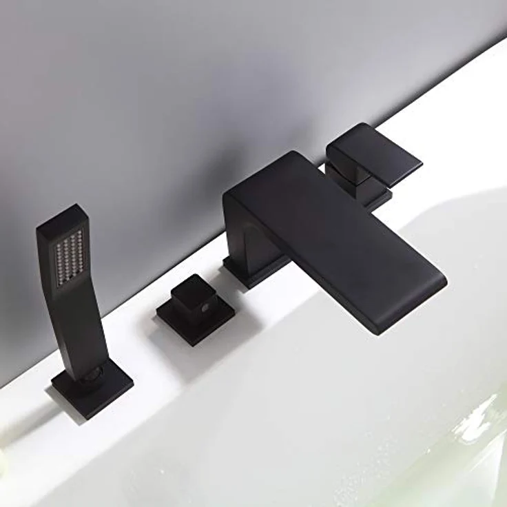 Bernstein Wannenrandarmatur 6080B, 4-Loch-Badewannenarmatur Schwarz mit Wasserfall-Design, Einhebelmischer aus massivem Messing, Fliesenrandmontage und Handbrause mit Anti-Kalk-Noppen, 1,5m Schlauch – Bild 2