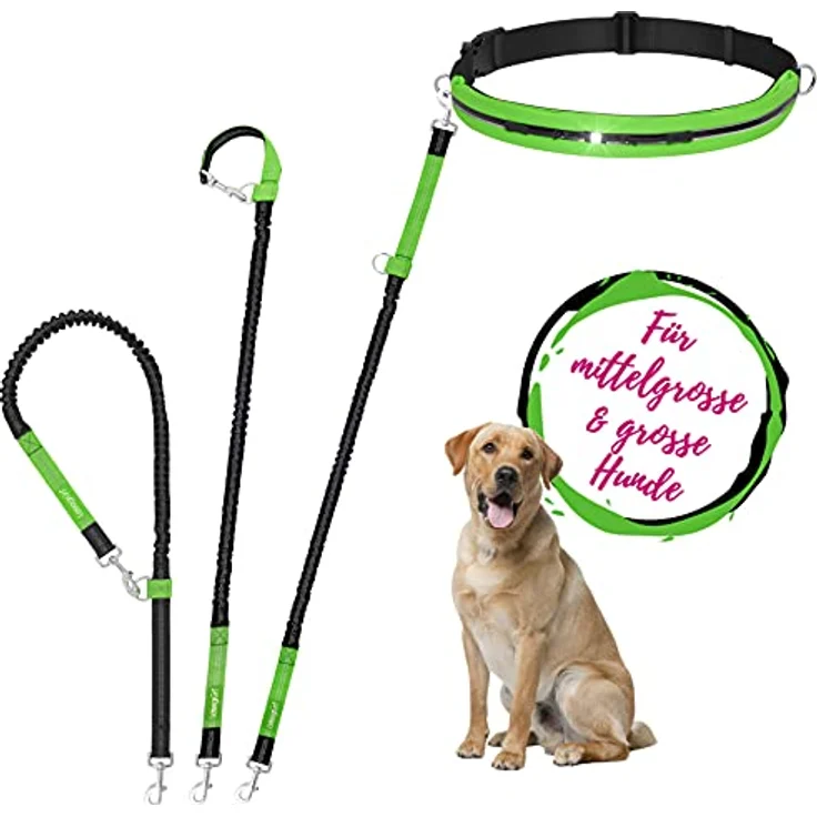 Leisegrün Joggingleine für große Hunde | Freihandleine zum Joggen mit Bauchgurt und Ruckdämpfer | Länge 125 cm bis 175 cm | Farbe: Grün – Bild 2