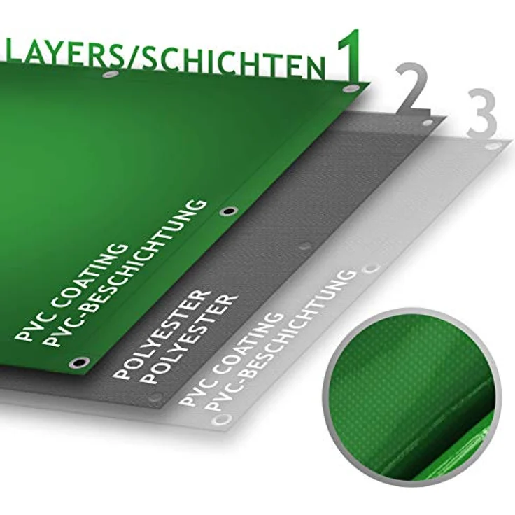 Jago Abdeckplane - 650 g-m², Wasserdicht & Reißfest, Aluminiumösen, Grün, 4 x 3 m, Beidseitig Beschichtet - Schutzplane, LKW Plane Gewebeplane, Regenplane – Bild 6