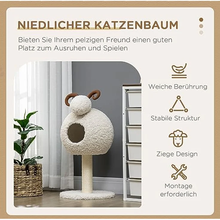 PawHut Kratzbaum, 80 cm, Katzenbaum mit Katzenhöhle, Katzenkratzbaum im Ziegen-Design, Kletterbaum mit Sisalsäule und Plüschrahmen, Katzenmöbel, Cremeweiß – Bild 4