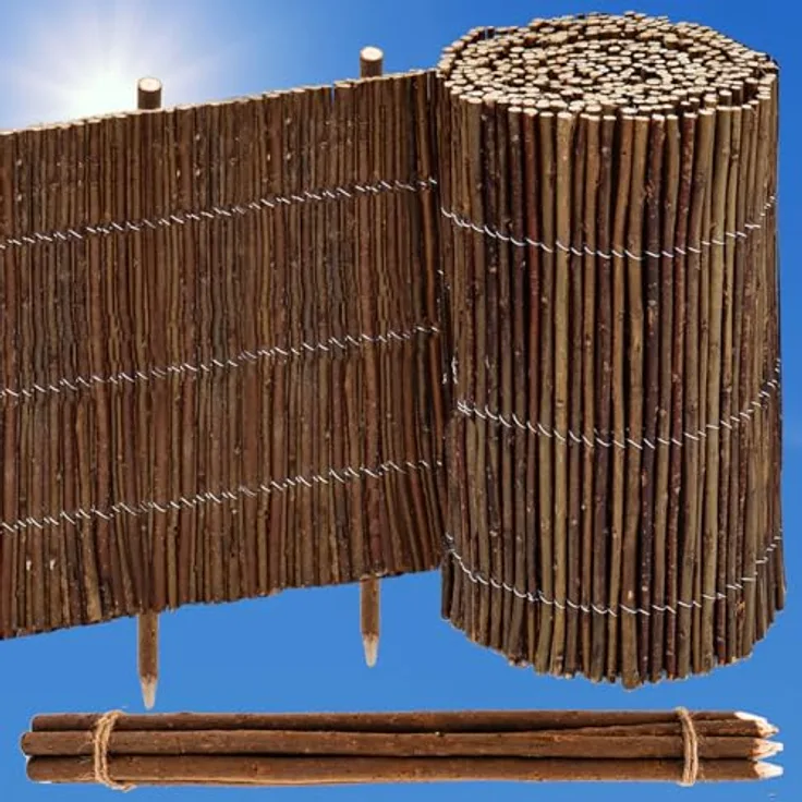 urfence 300x20 Flexible Beeteinfassung Weide, Rollborder Rasenkante Holz mit 7 Pflöcken zur stabilen Befestigung