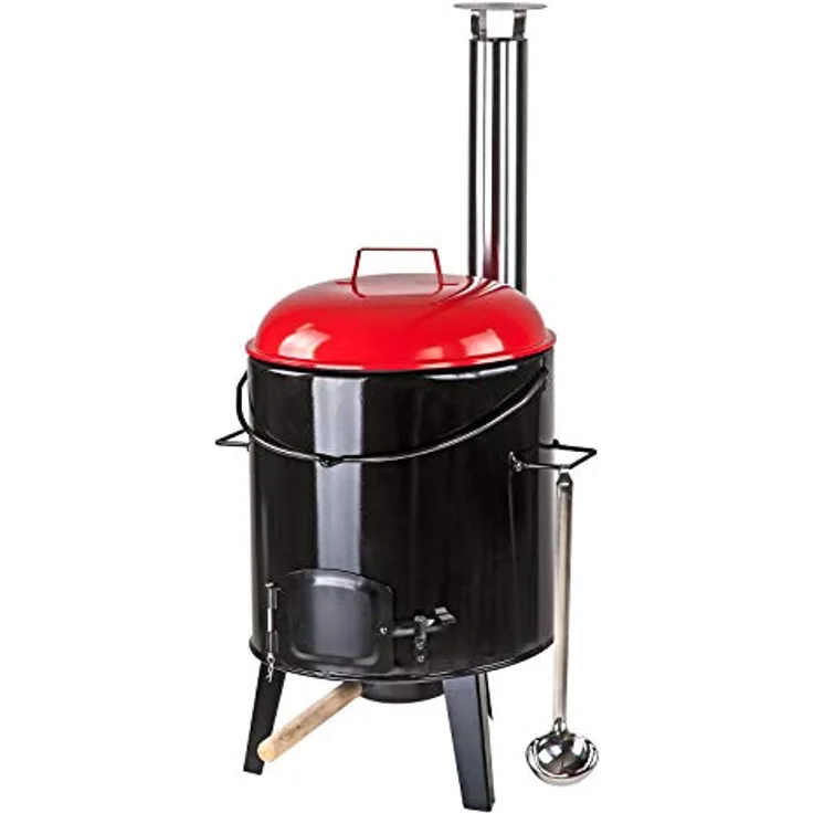 DEMA Eintopfofen Gulaschkanone 14L, nostalgisches Design mit emailliertem Kessel, inkl. Edelstahlkamin und Zubehör