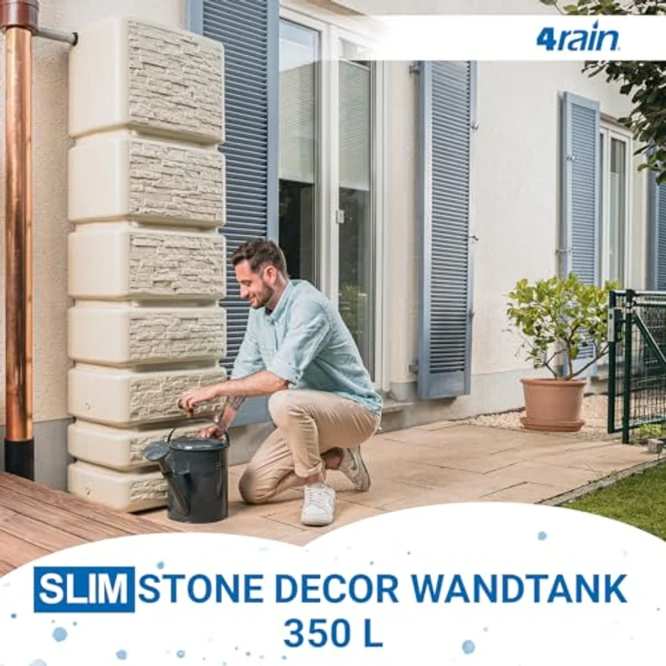 4rain Slim Wandtank sandbeige - Regentonne mit 350 Liter Volumen, Steinoptik, UV-stabil und 5 Gewindeanschlüssen – Bild 3