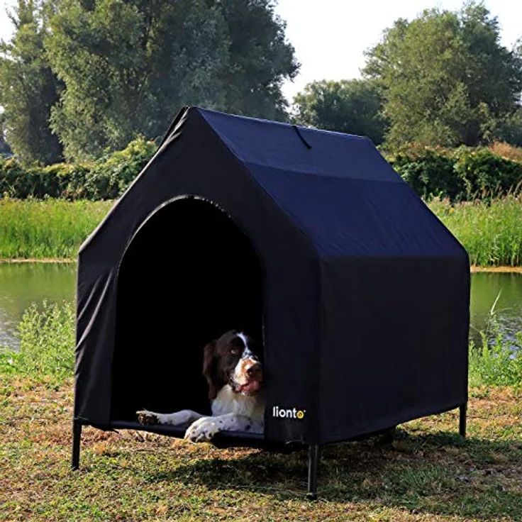 lionto Outdoor Hundeliege überdacht, 130x85x113 cm, wasserabweisendes, kratzfestes Oxford-Material & atmungsaktives Netzgewebe, erhöhtes Hundebett mit abnehmbaren Füßen, für Hunde bis 80 kg, schwarz – Bild 2