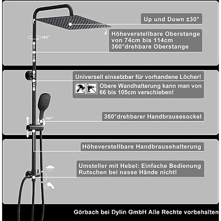 JOHO Regendusche Duschsystem ohne Armatur, Edelstahl Duschset mit 20x20cm Kopfbrause, schwarz, wassersparend – Bild 5