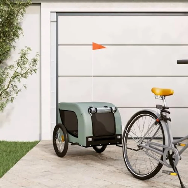 vidaXL Hunde-Transportbox Fahrradanhänger Grau und Schwarz Oxford-Gewebe und Eisen, PVC-Fenster, Reflektoren, bis 45 kg Tragfähigkeit – Bild 2