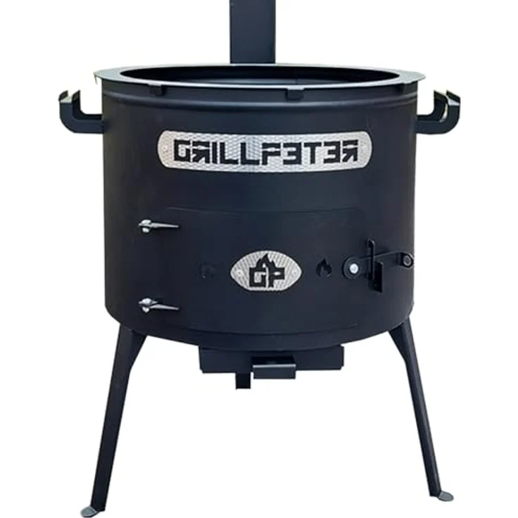 Grillpeter Holzkohlegrill Utschak Asamat mit Abzugsrohr D45 cm Feuerofen für Kasan 12-22 L, Stahl 1,5 mm feuerfest lackiert, autark, schwarz – Bild 3