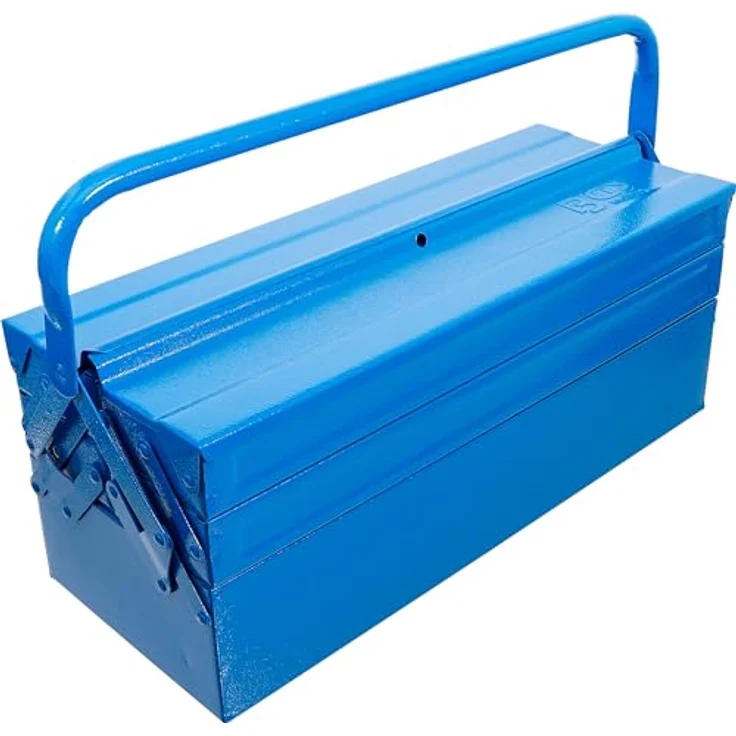 BGS TECHNIC Metall-Werkzeugkasten leer, 5 Fächer, 530 x 200 x 200 mm, hammerschlagblau, Stahlblech mit automatischer Schließfunktion und klappbarem Tragebügel – Bild 5