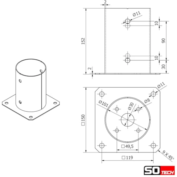 SO-TECH® Pfostenträger für Rundholz, feuerverzinkter Stahl, Spar-Set 2-St, Höhe 152 mm, Ø 100 mm, mit Schrauben – Bild 7