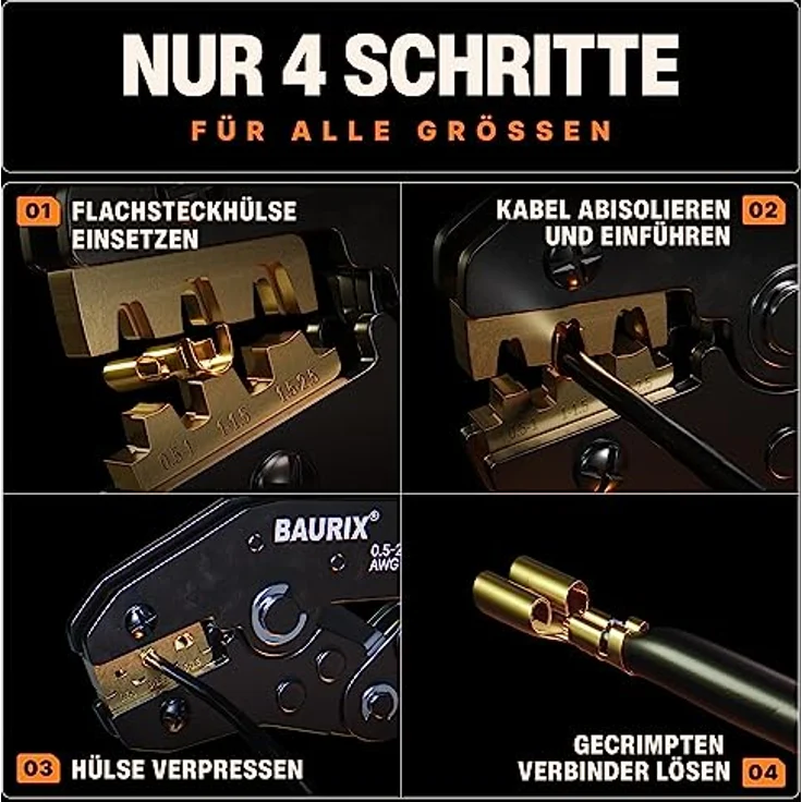 BAURIX® Crimpzange inkl. 300 Stück Flachsteckhülsen Set I Krimpzange für 0,50-2,50 mm² Steckverbinder, Antirutsch-Beschichtung, 300 Flachsteckhülsen in Sortimentsbox, Elektriker-Alltag geeignet, blau – Bild 3