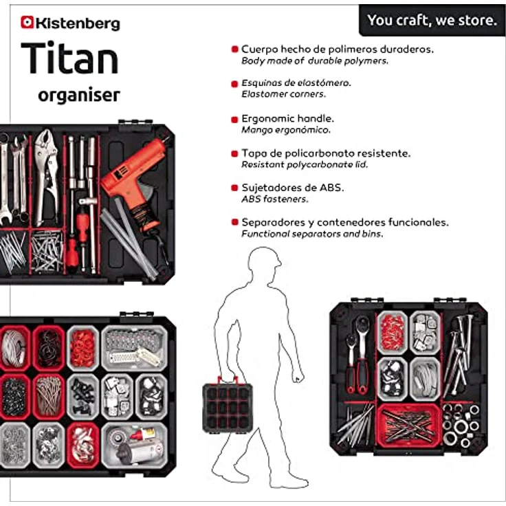 Kistenberg Werkzeugkoffer Organizer Heavy Titan, robuste Polymermischung, ergonomischer Griff, bewegliche Trennwände, schwarz – Bild 2