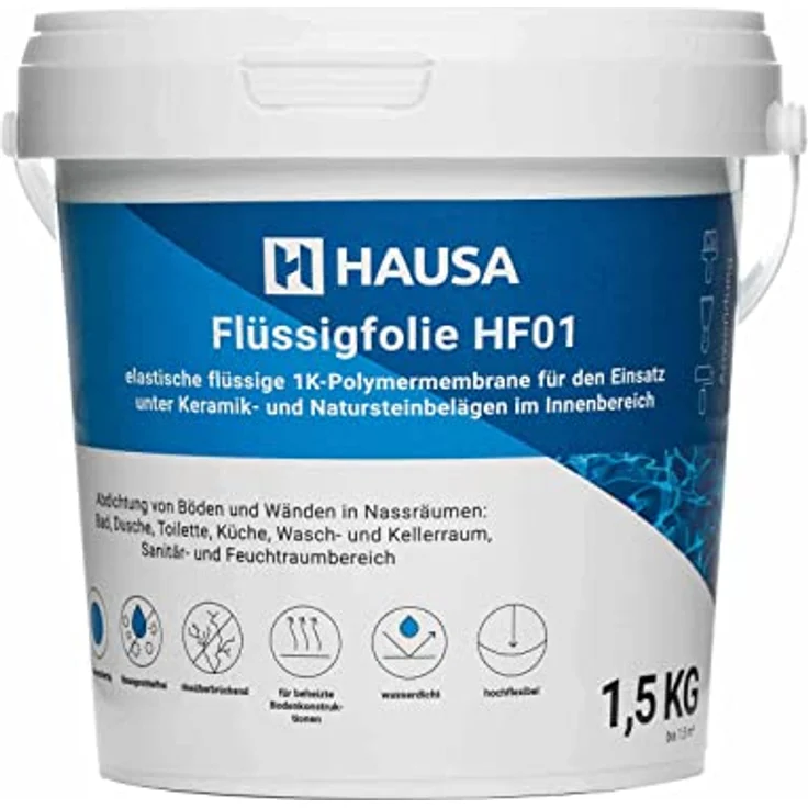 HAUSA Flüssigfolie HF01, Dichtmasse für Bad und Küche, 1,5kg (1,5m²), blau, absolut wasserdicht, lösemittelfrei, elastische Abdichtung unter Fliesen – Bild 1