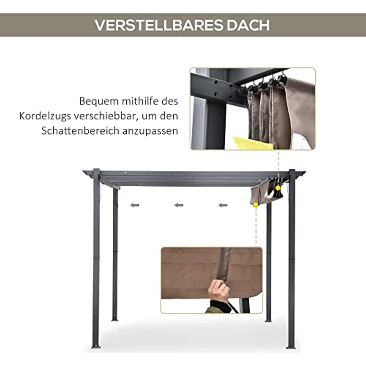 Outsunny Pergola Pavillon Terrassenüberdachung mit Schiebedach Garten Alu Kohlegrau+Kaffeebraun 3x3x2,23 m – Bild 4