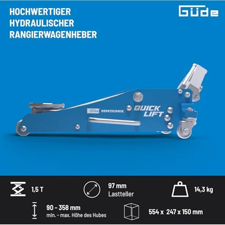 Güde Rangierwagenheber GRH 1,5/360 ALQ, hydraulischer Wagenheber mit 1,5 t Tragkraft und Hubhöhe 90-358 mm, flach und leicht transportierbar – Bild 3