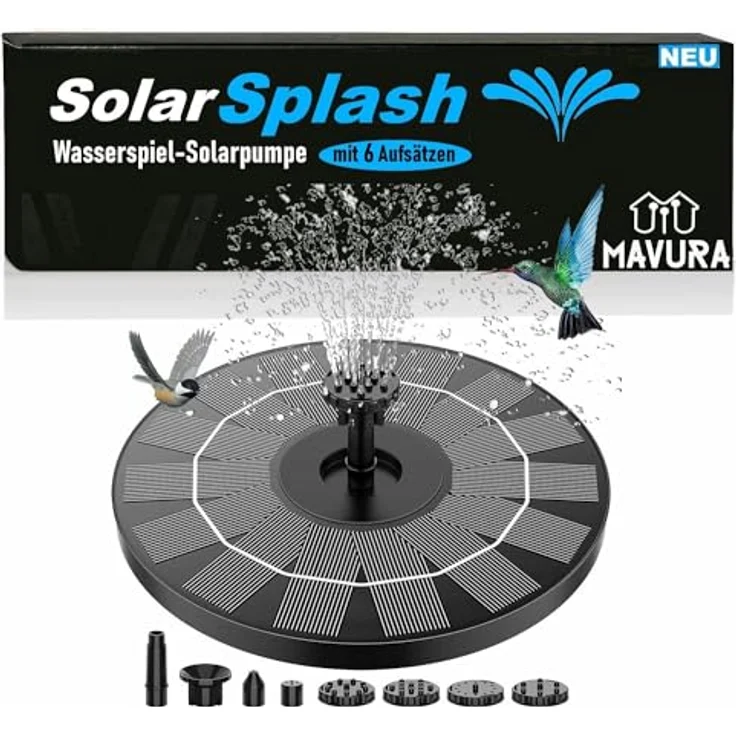MAVURA SolarSplash Solar Springbrunnen Teichpumpe mit 6 Effekt-Aufsätzen, schwarz – Bild 1