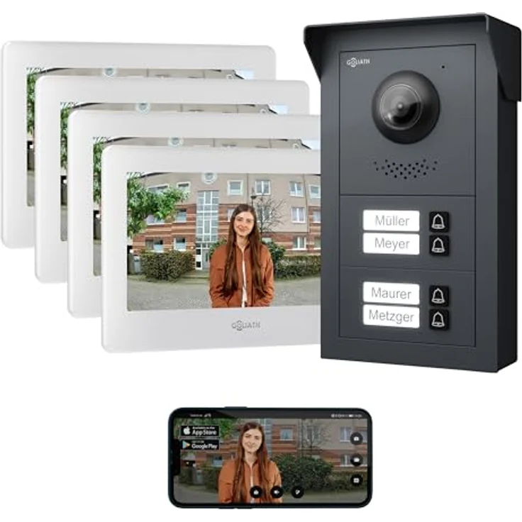 Goliath Intercom Video-Türsprechanlage Basic-Line, 4-Familie, 7-Zoll HD Monitor in Weiß/Schwarz, 2-Draht Technologie, Kamera mit Nachtsicht und App-Funktion – Bild 1