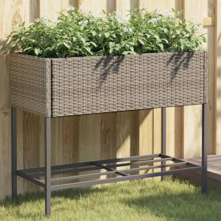vidaXL Pflanzkübel mit Ablage Grau Poly Rattan, Outdoor Blumenkübel mit robustem Stahlgestell und praktischer Ablage – Bild 2