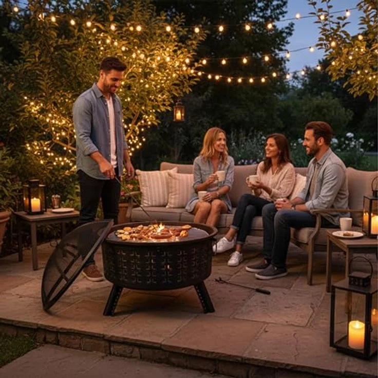 Relaxdays Feuerschale 62 x 66 cm, Gartenfeuerstelle mit Grillrost, Funkenschutz & Schürhaken, schwarz – Bild 2