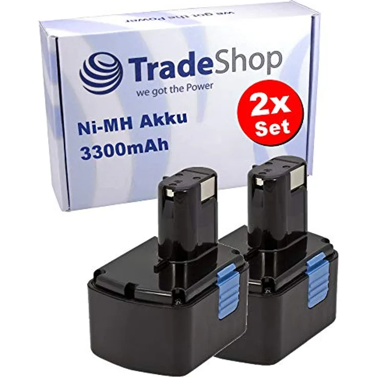 Trade-Shop 2x Hochleistungs Ni-MH Akku für Hitachi DS14DVF3 DS14DFL DS14DFLG DS14DFLPC DV14DMR DV14DV DV14DVA DV14DVKS DV14DL DV14DCL DV14DVL / 14,4V 3300mAh, Schwarz