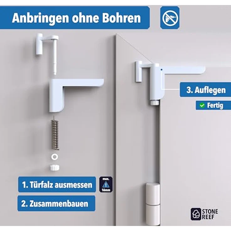 STONE REEF Türschließer für Zimmertüren, ohne Bohren montierbar, variabel einstellbare Schließkraft für Links- und Rechtsanschlagtüren, bis 16 mm Falzstärke, Türdämpfer – Bild 2