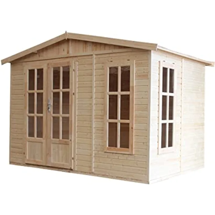 TIMBELA Gartenhaus Holz 6 m2 - H232 x 332 x 222 cm - Große multifunktionale Gartenhütte - Gerätehaus Holz Garten-Studio – Holzhaus Office im Garten - Grün bituminöse Schindeln M334FB+H334FBGREEN